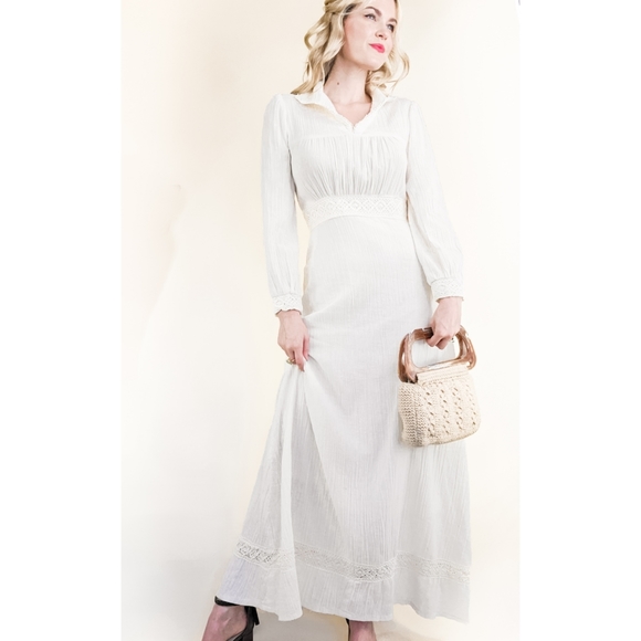 70s Ivory Cotton Gauze Crochet Trim VTG Maxi Dress - Picture 5 of 16